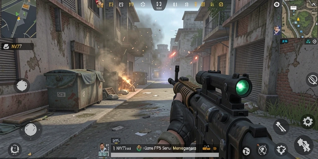 Screenshot NV77 menampilkan aksi menegangkan dalam pertempuran FPS.