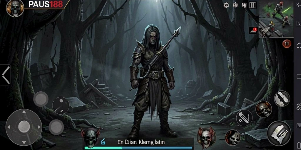 Screenshot gameplay menyeramkan PAUS188 menampilkan suasana kelam yang menegangkan.